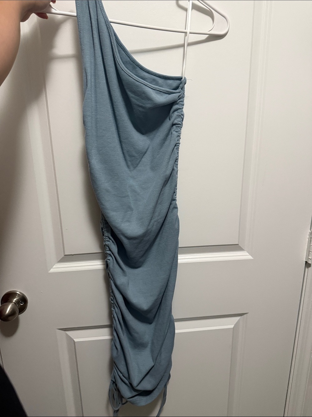 One-Shoulder Ruched Midi Dress in Dusty Blue